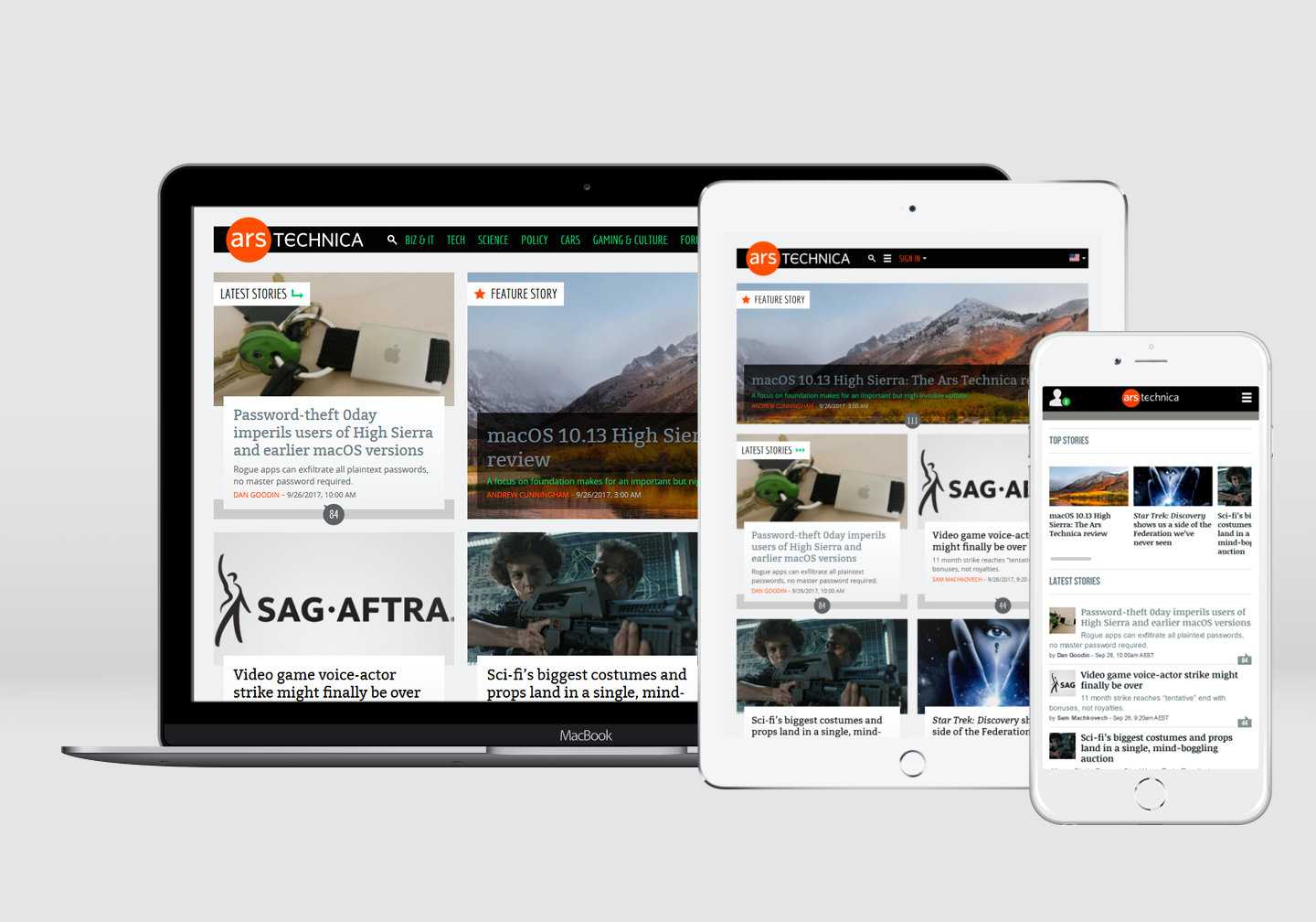 The Ars Technica website, loaded on three different devices