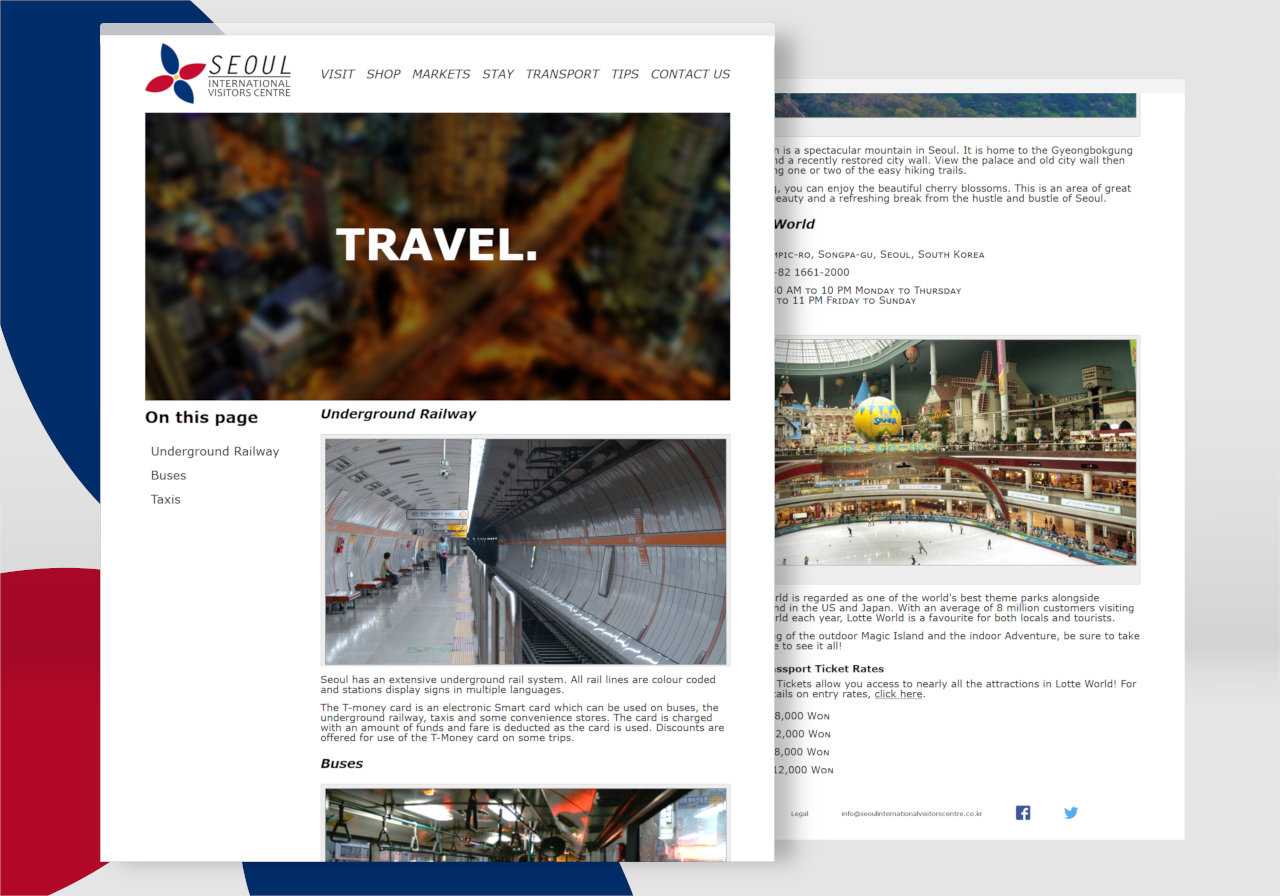 Tourist locations and Travel pages of the Seoul International Visitors Centre website, featuring on-page navigation.