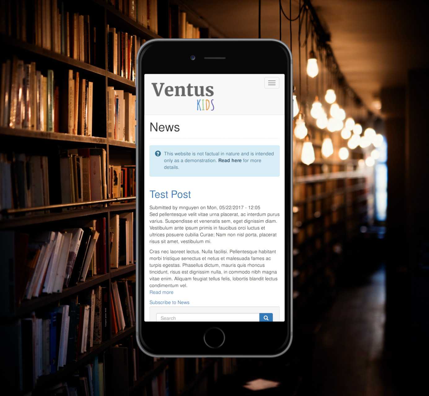 Mobile view of the Ventus Kids News page.
