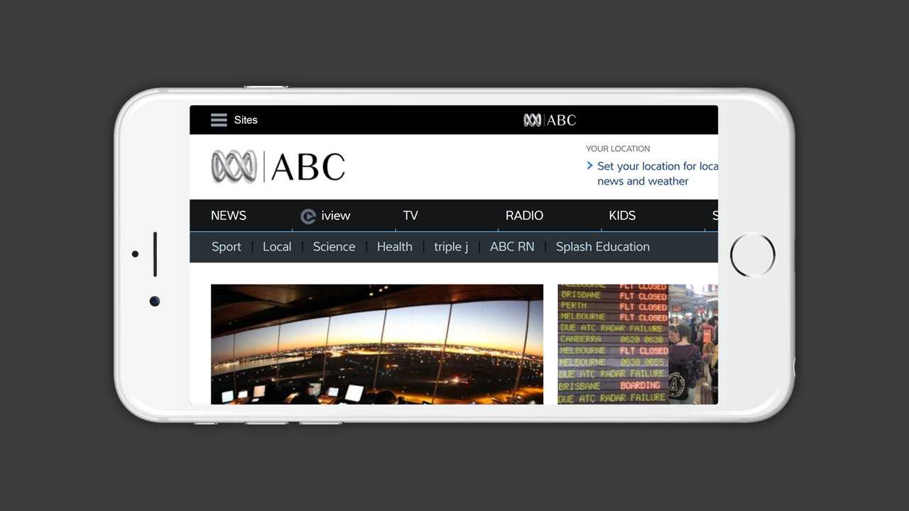 The ABC desktop site simulated on a phone. The content flows off the side of the screen.
